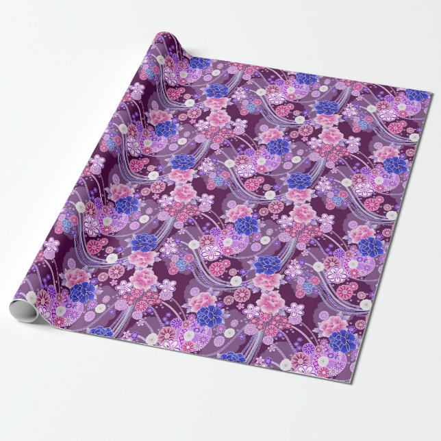 Elegant Blue Purple Oriental Floral Pattern Wrapping Paper (Unrolled)