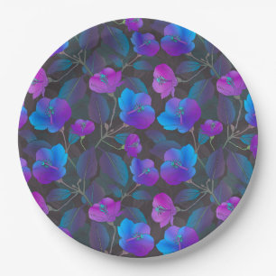 Elegant Blue Purple Pink Flowers Floral Paper Plate