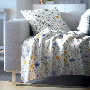Elegant Blue Purple Watercolor Wildflower Fleece Blanket