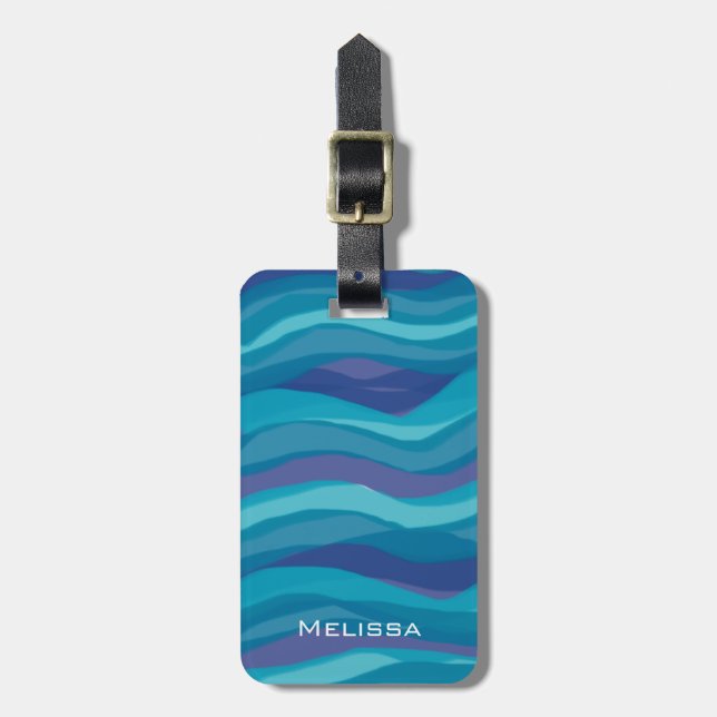 Elegant Blue Purple Wavy Stripes Personalized Luggage Tag (Front Vertical)