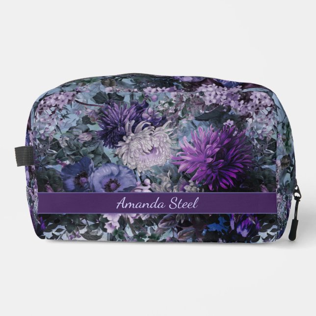 Elegant blue purples floral monogrammed dopp kit (Front)