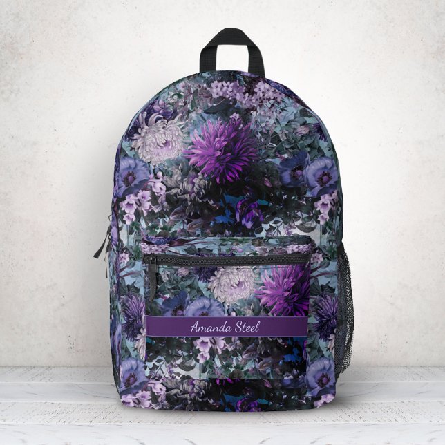 Elegant blue purples floral monogrammed printed backpack (Creator Uploaded)