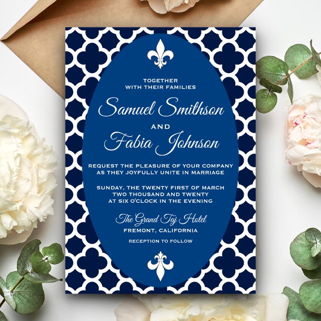 Elegant Blue Quatrefoil Oval Wedding Invitation (Creator Uploaded)