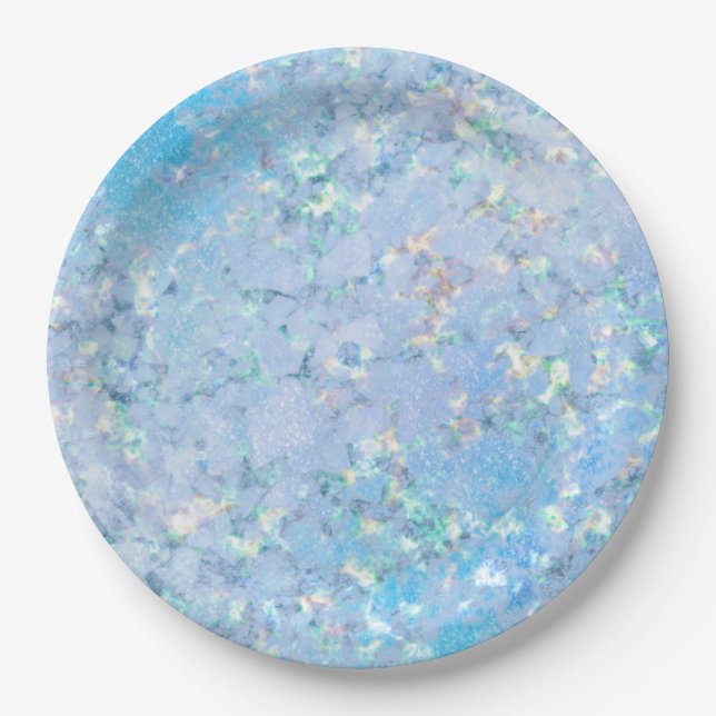 Elegant blue rainbow holographic marble ice paper plate (Front)