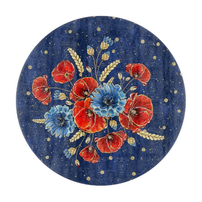 Elegant Blue, Red and Gold Remembrance Poppies Cutting Board (Front)
