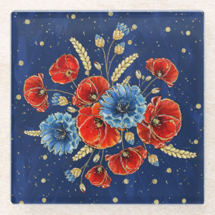 Elegant Blue, Red and Gold Remembrance Poppies Glass Coaster