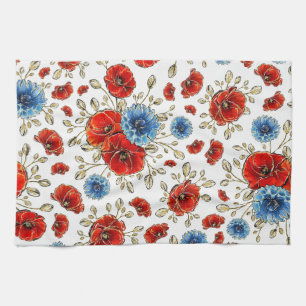 Elegant Blue, Red and Gold Remembrance Poppies Kitchen Towel