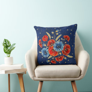 Elegant Blue, Red and Gold Remembrance Poppies Throw Pillow