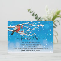 Elegant Blue & Red Bird Snow Save The Date 