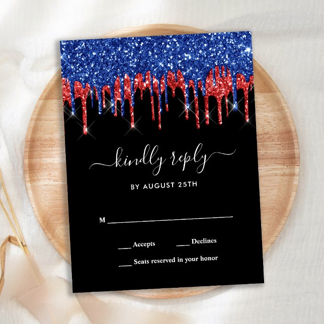 Elegant Blue Red Black Glitter Drips Wedding RSVP Invitation Postcard (Creator Uploaded)