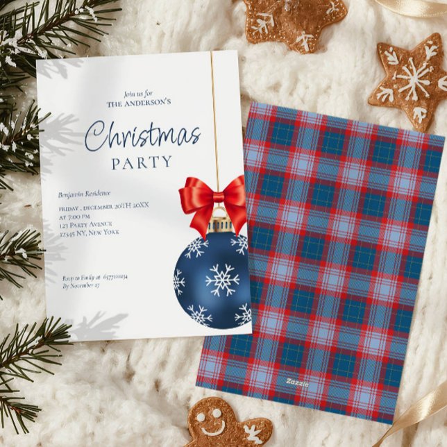 Elegant Blue Red Bow Christmas Party  Holiday Card (Creator Uploaded)