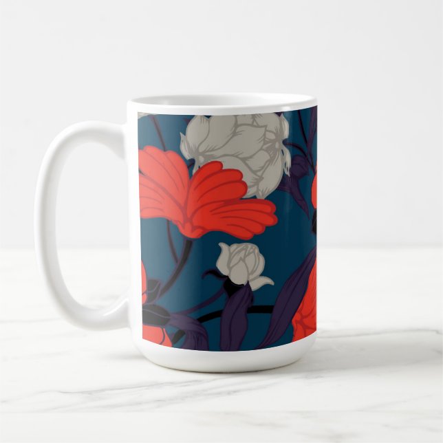 Elegant Blue & Red Floral Pattern Coffee Mug (Left)