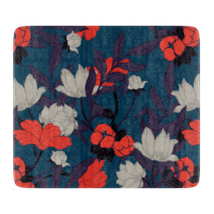 Elegant Blue & Red Floral Pattern Cutting Board
