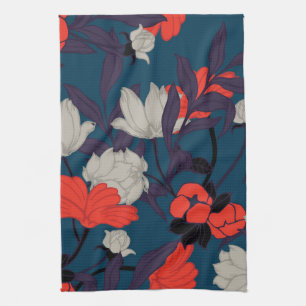 Elegant Blue & Red Floral Pattern Kitchen Towel