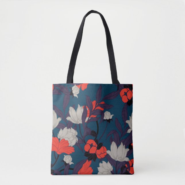 Elegant Blue & Red Floral Pattern Tote Bag (Front)