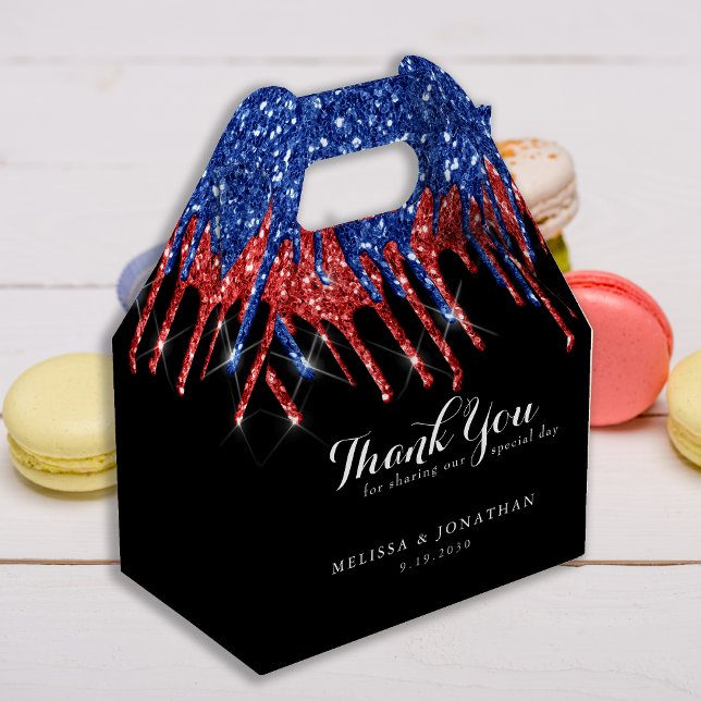 Elegant Blue Red Glitter Drips Patriotic Wedding Favor Box (Creator Uploaded)