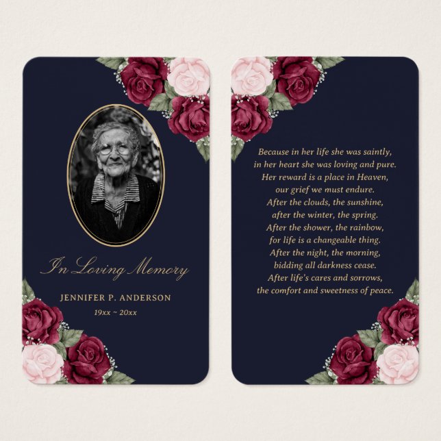 Elegant Blue Red Pink Floral Funeral Prayer Card (Front & Back)