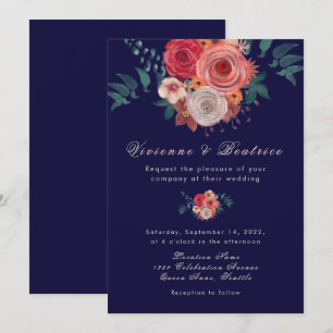 Elegant blue red roses wedding invitation