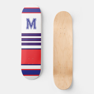 Elegant blue red white stripes monogram skateboard