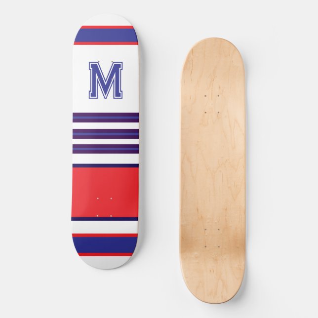 Elegant blue red white stripes monogram skateboard (Recto)