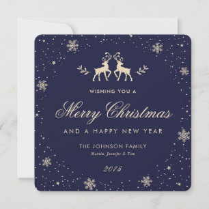 Elegant Blue Reindeer Snowflake Holiday Card