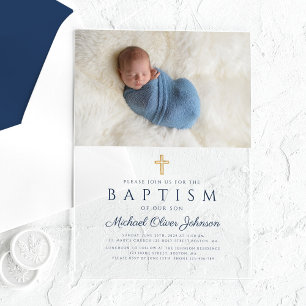 Elegant Blue Religious Cross Boy Baptism Photo Acrylic Invitations