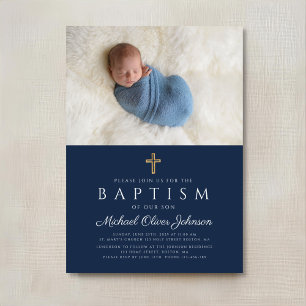 Elegant Blue Religious Cross Boy Baptism Photo Invitation