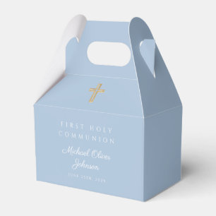 Elegant Blue Religious Cross Boy First Communion Favor Box