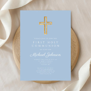 Elegant Blue Religious Cross Boy First Communion Invitation