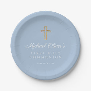 Elegant Blue Religious Cross Boy First Communion Paper Plate