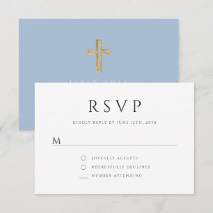 Elegant Blue Religious Cross Boy First Communion  RSVP Card