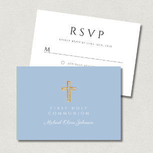 Elegant Blue Religious Cross Boy First Communion RSVP Card