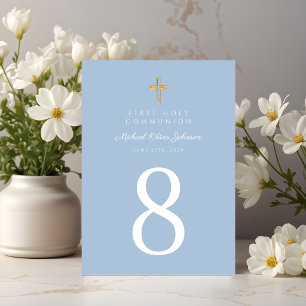 Elegant Blue Religious Cross Boy First Communion Table Number
