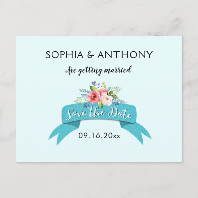 Elegant Blue Ribbon and Floral Save the Date Announcement Postcard (Front)