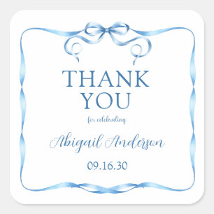Elegant Blue Ribbon Baby Shower Thank You Square Sticker