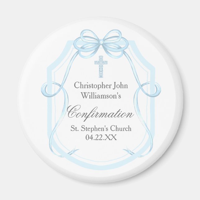 Elegant Blue Ribbon Bow Confirmation Party Magnet (Front)