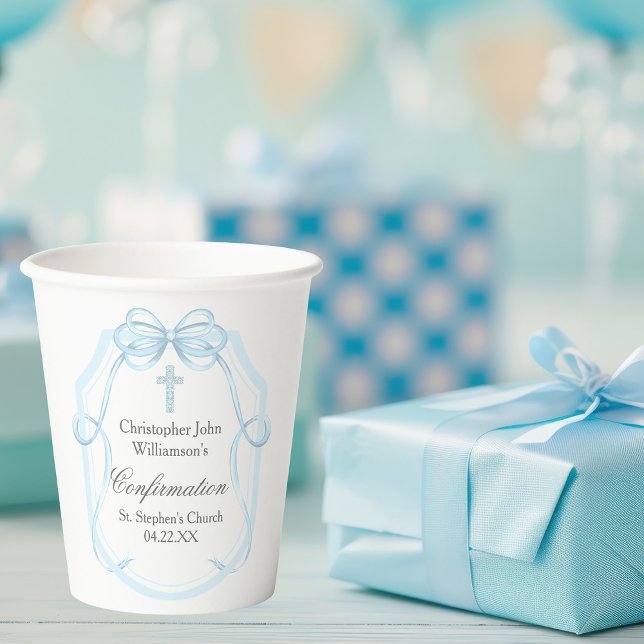 Elegant Blue Ribbon Bow Confirmation Party Paper Cups (Creator Uploaded)