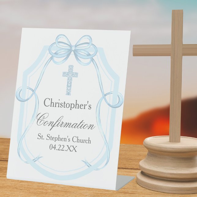 Elegant Blue Ribbon Bow Confirmation Party Pedestal Sign (Creator Uploaded)