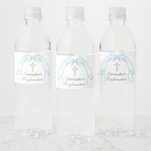 Elegant Blue Ribbon Bow Confirmation Party Water Bottle Label