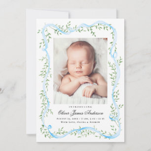 Elegant Blue Ribbon Greenery Photo Birth Announcement
