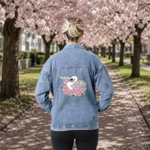 Elegant Blue Romantic Swan Peony Floral Denim Jacket