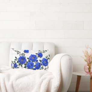 Elegant Blue Rose Branch Design Lumbar Pillow