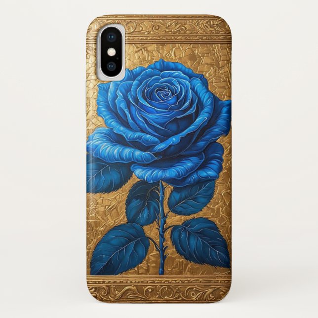 Elegant Blue Rose Displayed in Ornate Gold Frame Case-Mate iPhone Case (Back)