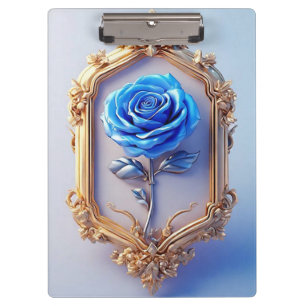 Elegant Blue Rose Displayed in Ornate Gold Frame Clipboard