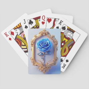 Elegant Blue Rose Displayed in Ornate Gold Frame Playing Cards