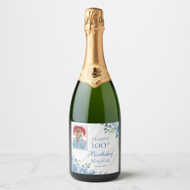 Elegant Blue Rose Floral 100th Birthday Party Sparkling Wine Label (Front)