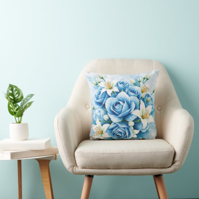 Elegant Blue Rose Floral Art Print Throw Pillow (Chair)