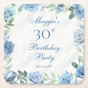 Elegant Blue Rose Floral Frame 30th Birthday Party Square Paper Coaster