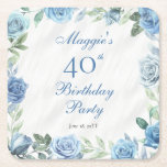 Elegant Blue Rose Floral Frame 40th Birthday Party Square Paper Coaster<br><div class="desc">Elegant blue and white with dusky sage green greenery floral frame birthday party celebration design.</div>