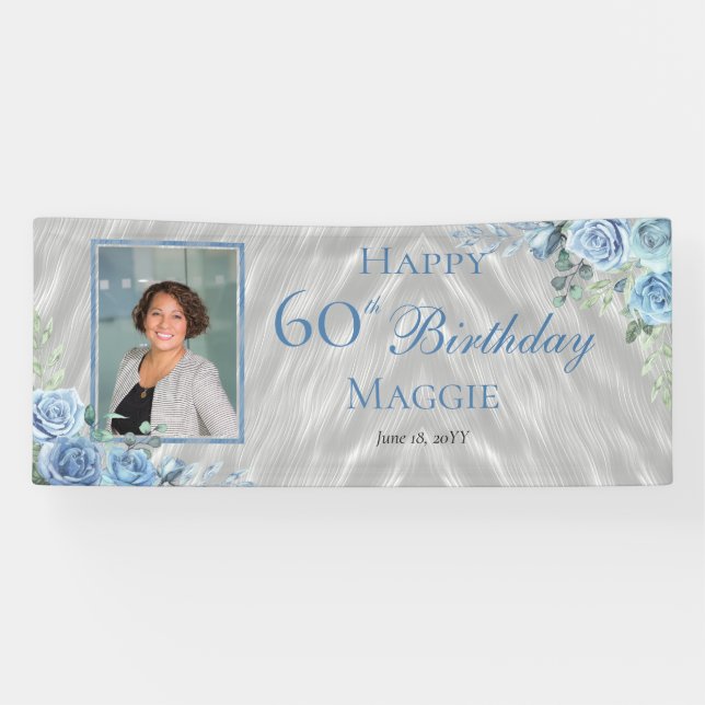 Elegant Blue Rose Floral Frame 60th Birthday Party Banner (Horizontal)